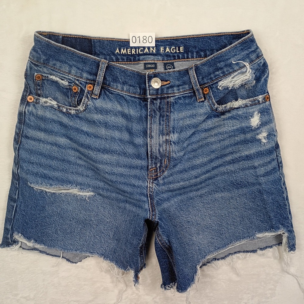 American Eagle Strigid Distressed Denim Shorts Medium Wash Raw Hem Womens Size 0
